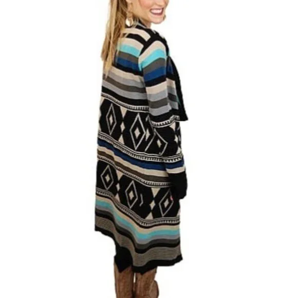 Love Stitch Long Geometric Striped Open Front Waterfall Cardigan Duster - Picture 8 of 16